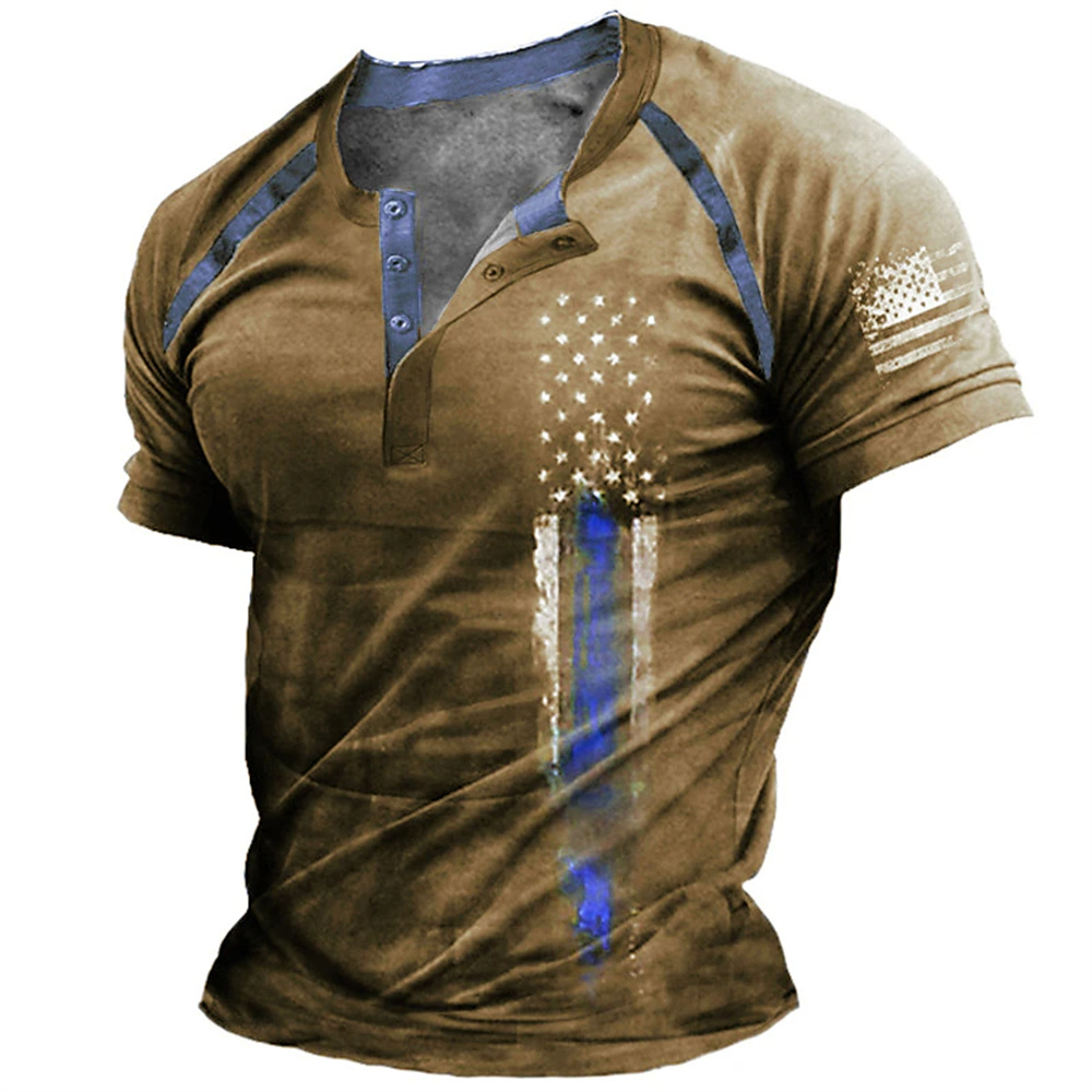 Vintage Fashion Jersey - 面白い 3D アメリカ国旗プリントメンズヘンリーシャツファッションヘンリーカラー半袖トップス夏ストリートヴィンテージ服カジュアル Tシャツ